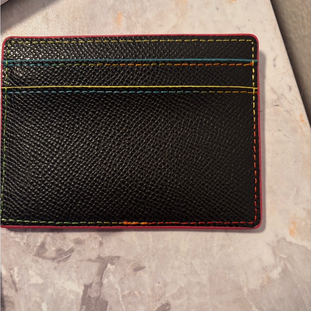 Black Leather Kurt Geiger Card Holder with Multicolor Stitching